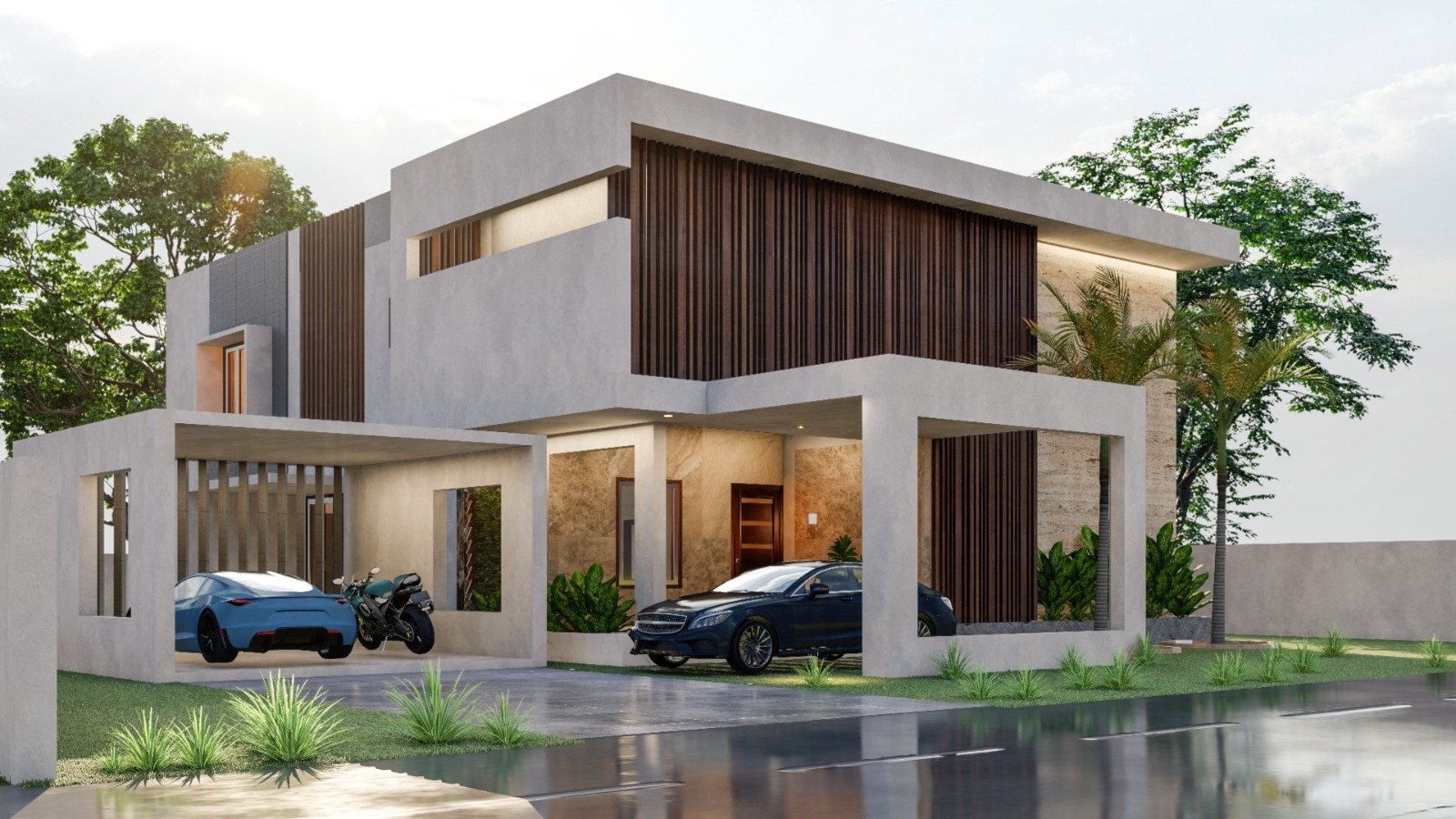 Residential architecture courtyard with water and tropical planting